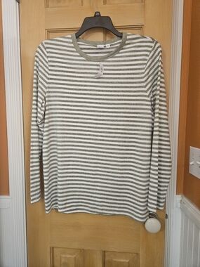 Gap Striped Crewneck Long-Sleeve Sweater Tee - Olive & White